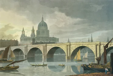 Lounaisnäkymä St Paulin katedraalista ja Blackfriars Bridgestä, 1810 (värikaiverrus)